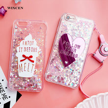 Wixcen Luxury pink Heart Glitter Liquid Phone Case for IPhone 8 7 7plus 6  6plus 5s case Bling Ice Cream Tpu Back Cover lanyard