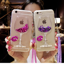 3D Liquid Quicksand Bling Rhinestone Wine Glass Pattern Phone Case For iPhone 7Plus for iPhone 5 6s for iPhone 8 Plus  Hang Rope