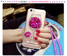 3D Liquid Quicksand Bling Rhinestone Wine Glass Pattern Phone Case For iPhone 7Plus for iPhone 5 6s for iPhone 8 Plus  Hang Rope