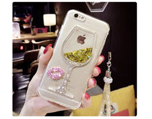 3D Liquid Quicksand Bling Rhinestone Wine Glass Pattern Phone Case For iPhone 7Plus for iPhone 5 6s for iPhone 8 Plus  Hang Rope