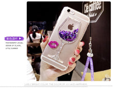 3D Liquid Quicksand Bling Rhinestone Wine Glass Pattern Phone Case For iPhone 7Plus for iPhone 5 6s for iPhone 8 Plus  Hang Rope